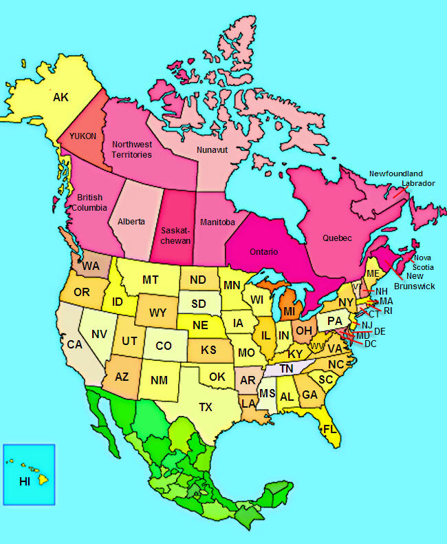 Map Of North America Showing States And Provinces 8895